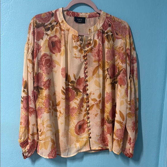 Vici Pink and Cream Relaxed Blouse with Mandarin Collar #60 - Picture 1 of 7